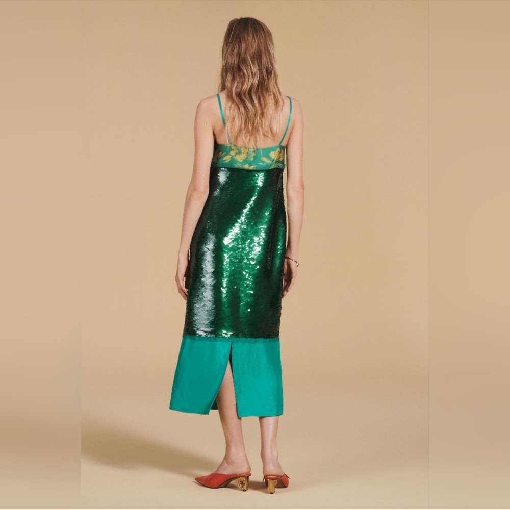 Zara Green Sequin & Teal Colorblock Midi Dress - Picture 5 of 14